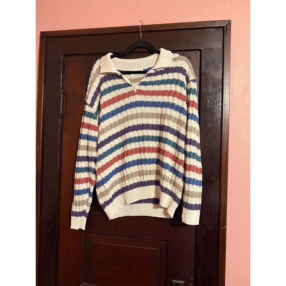 Alfred Dunner Vintage Striped Cable Knit Quarter Zip Sweater XL Multi Color USA